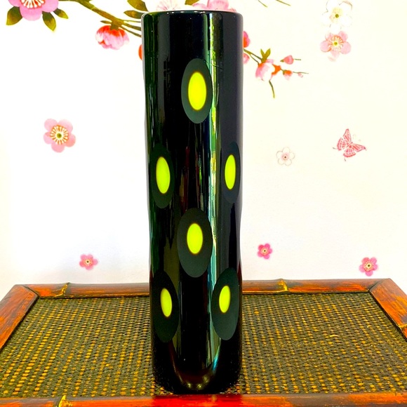Black Crystal Vase Cut to Green Mid Century Modern MCM; Hand Blown 13.5 x 3 1/8" - Picture 2 of 11